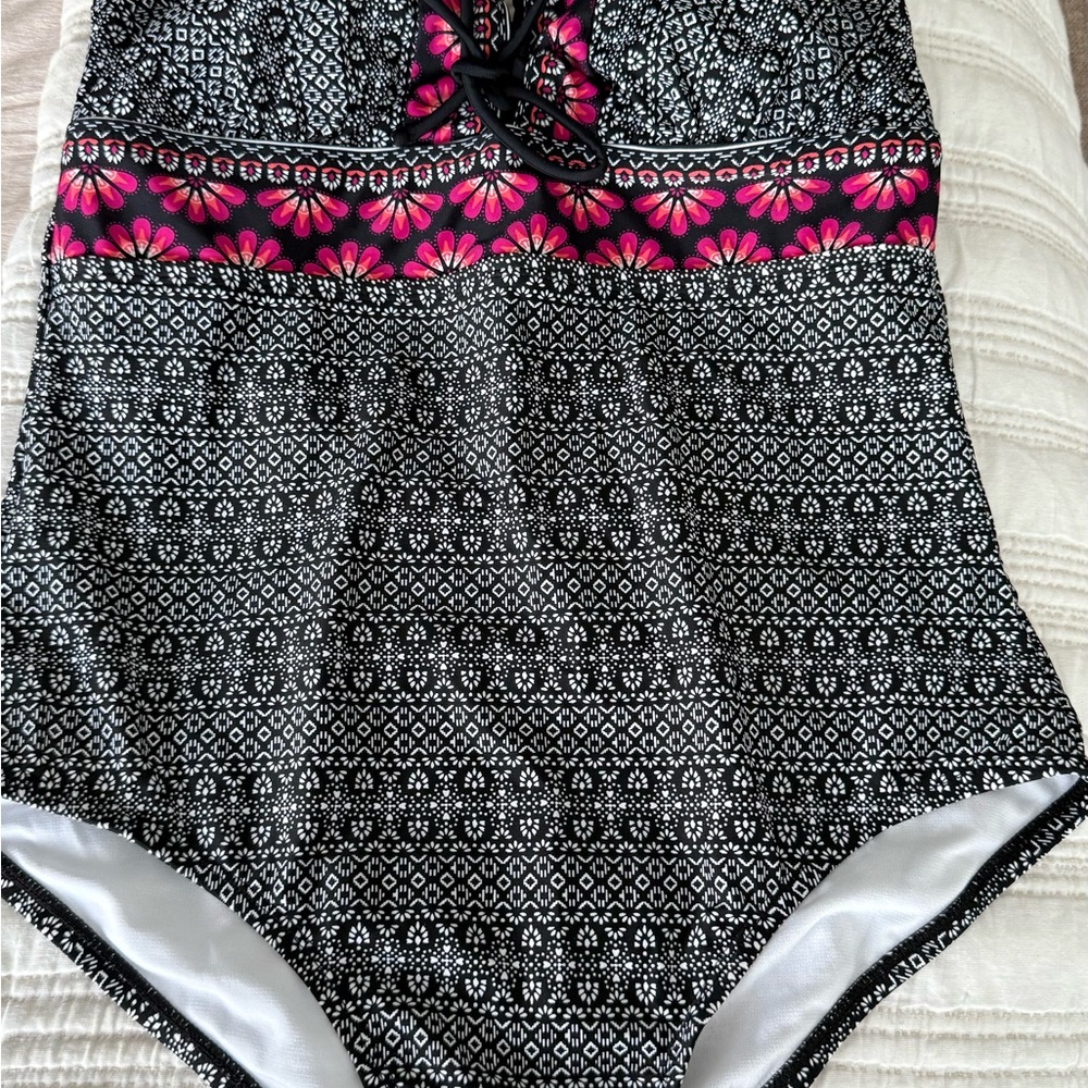 Kona Sol Black One-Piece Swimsuit with Pink Floral Band